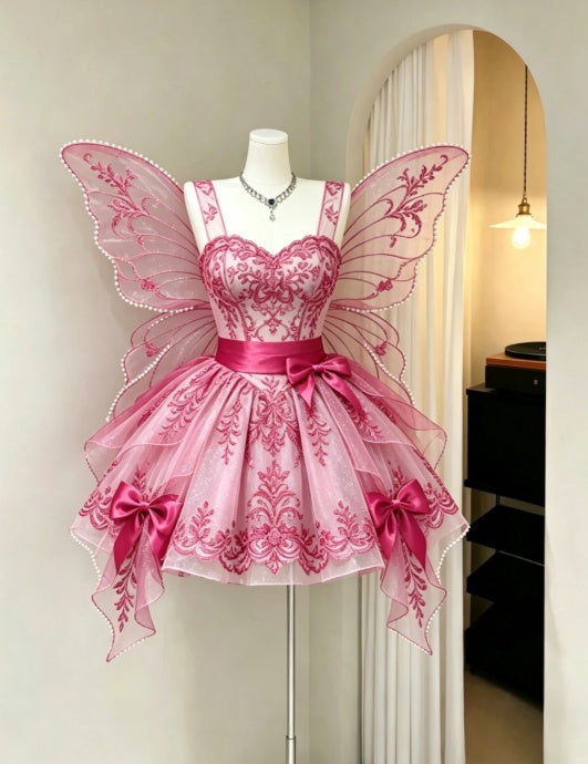 Glamorous Hot Pink Floral Embroidery Sweetheart Straps Satin Bows A Line Tulle Short Homecoming Dress AS2241