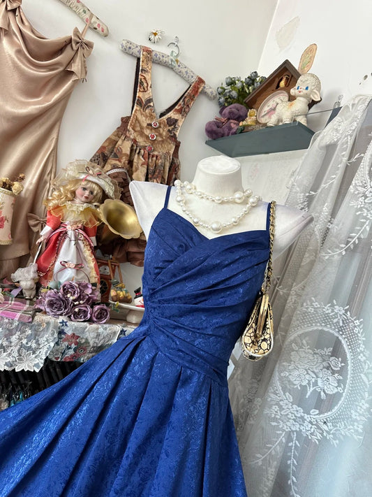 Elegant Royal Blue Spaghetti Straps Floral Jacquard Ruched Bodice A‑Line Midi Homecoming Dress AS2342