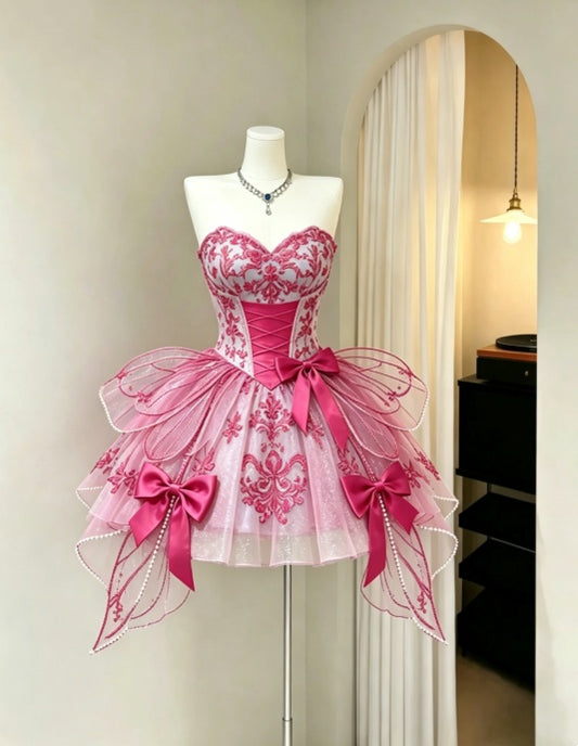 Stunning Hot Pink Floral Embroidery Strapless Sweetheart Lace‑Up Corset Bows A Line Tulle Short Homecoming Dress AS2242