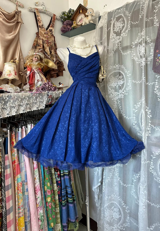 Elegant Royal Blue Spaghetti Straps Floral Jacquard Ruched Bodice A‑Line Midi Homecoming Dress AS2342