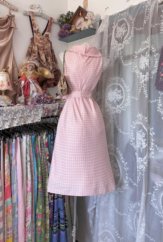 Delicate Pink White Polka Dot Sleeveless Cowl Fold Collar Self‑Tie Bow Waist A‑Line Midi Homecoming Dress AS2343