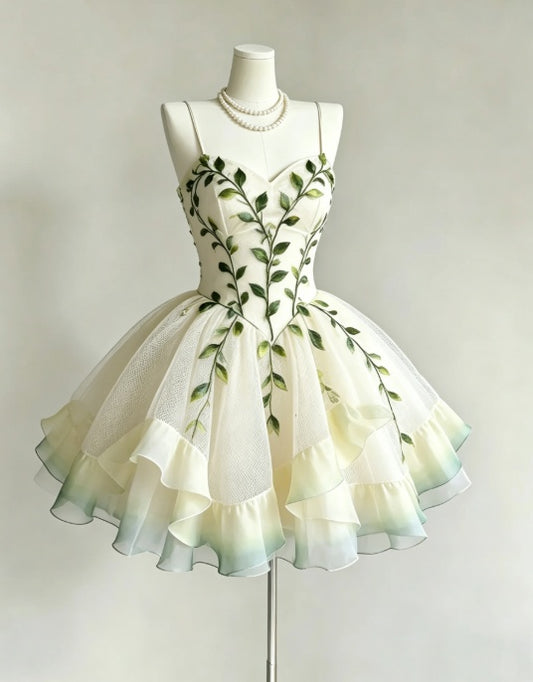 Delicate Ivory Green Leaf Appliques Spaghetti Straps Sweetheart Neck Ruffle Hem A Line Tulle Short Homecoming Dress AS2243