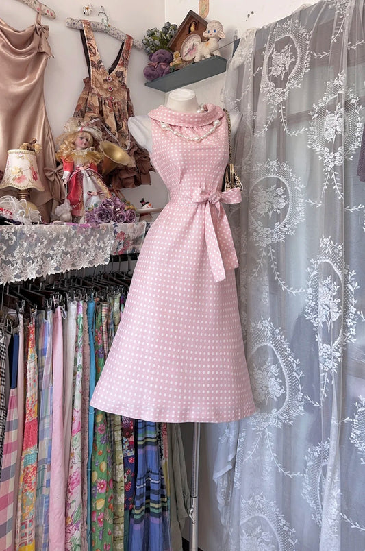 Delicate Pink White Polka Dot Sleeveless Cowl Fold Collar Self‑Tie Bow Waist A‑Line Midi Homecoming Dress AS2343