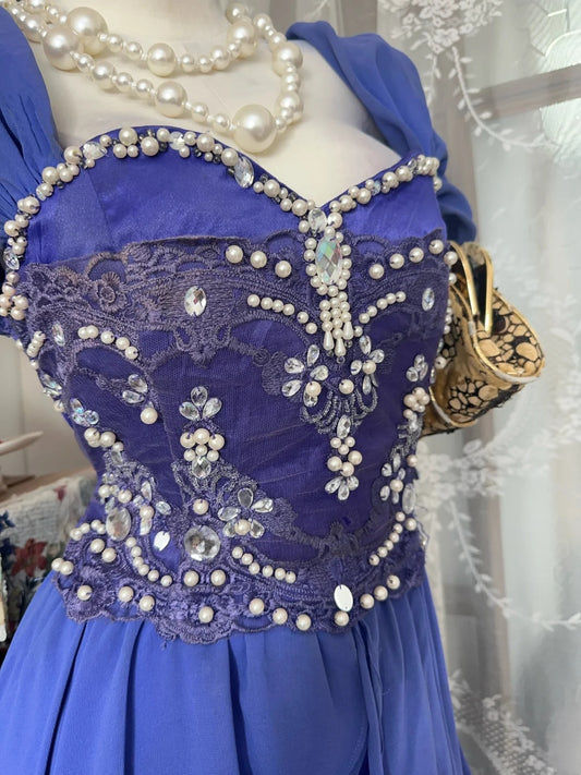 Luxurious Royal Blue Sweetheart Short Sleeve Beaded Corset A Line High‑Low Chiffon Bodycon Underskirt Homecoming Dress AS2344