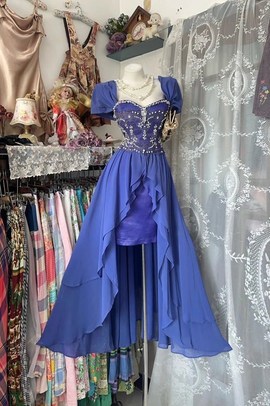 Luxurious Royal Blue Sweetheart Short Sleeve Beaded Corset A Line High‑Low Chiffon Bodycon Underskirt Homecoming Dress AS2344