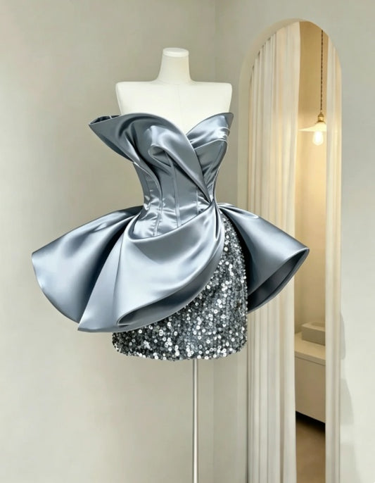 Sleek Silver‑Grey Strapless Draped Satin Corset Sequin Underlayer Bodycon Short Homecoming Dress AS2245