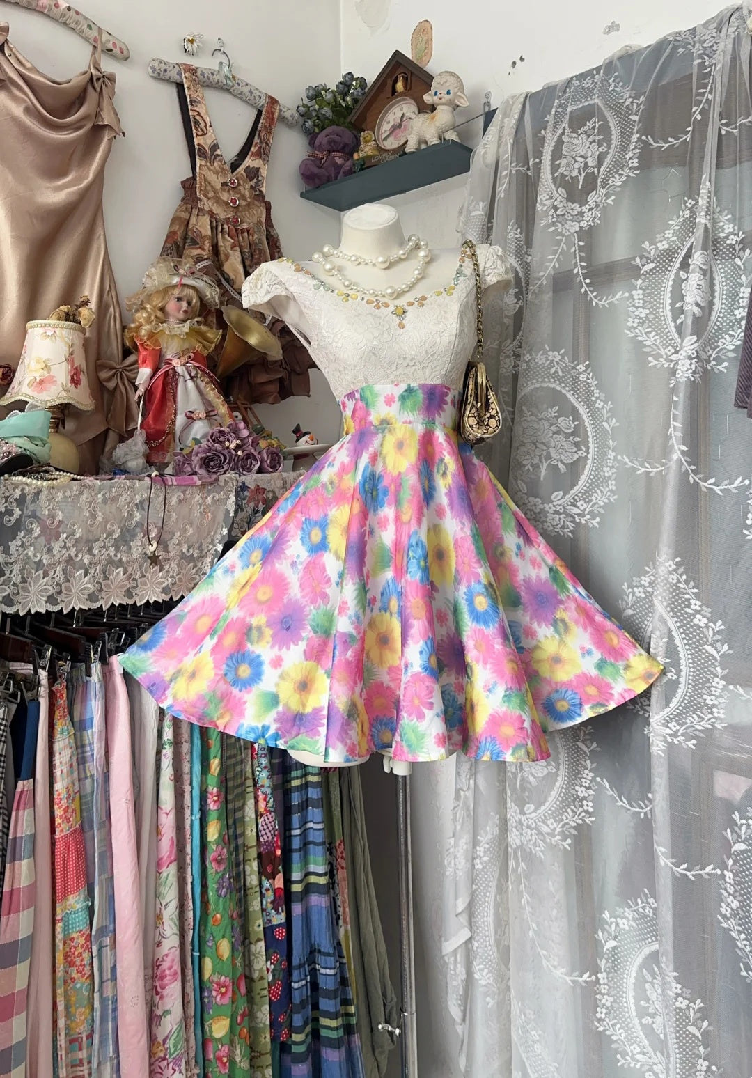 Lively White Lace Cap Sleeve Beaded Sweetheart Bodice Colorful Floral Print A‑Line Short Homecoming Dress AS2345