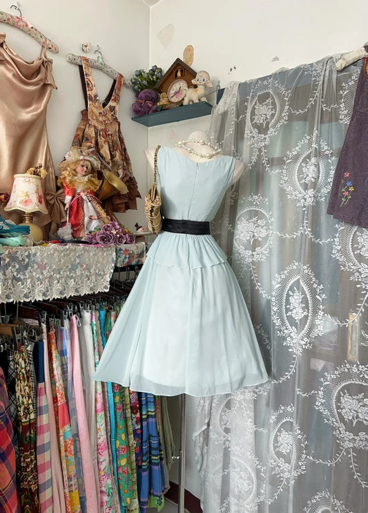 Airy Mint Green Sleeveless V‑Neck Chiffon A Line Midi Homecoming Dress With Large Black Floral Waist Sash AS2346