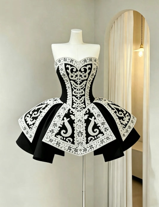 Regal Black White Embroidery Appliqué Strapless Sweetheart Voluminous A Line Short Homecoming Dress AS2246