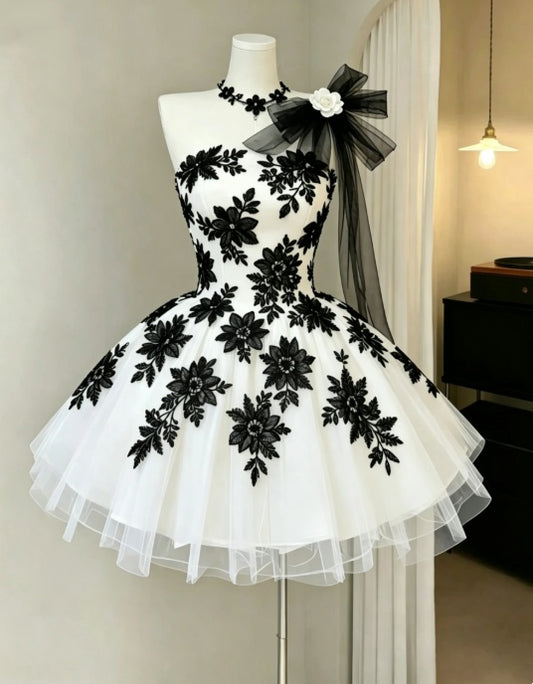 Chic White Black Big Floral Bow One Shoulder Floral Applique Tulle A Line Short Homecoming Dress AS2247
