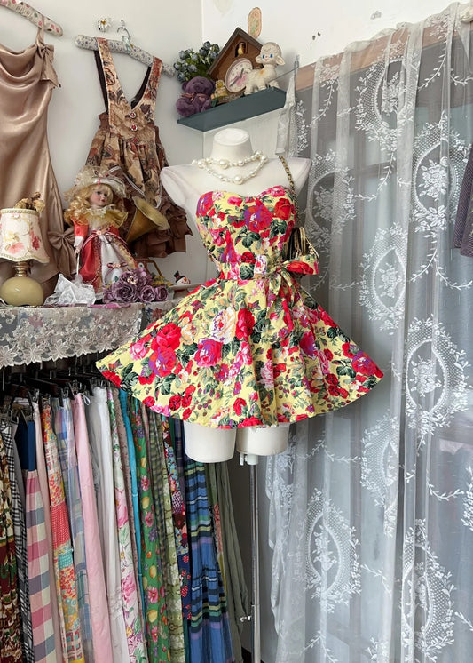 Vivid Yellow Multi‑Colored Rose Floral Print Strapless Sweetheart Bow Waist A Line Short Homecoming Dress AS2347