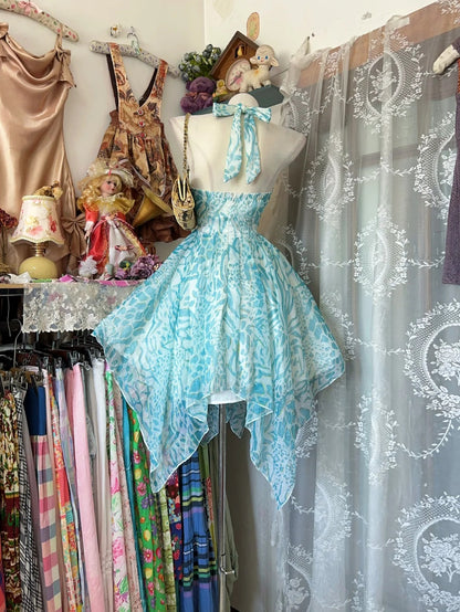 Breezy Turquoise Leopard Print Halter Tie V Neck Beaded Waist Handkerchief Hem A Line Chiffon Midi Homecoming Dress AS2348