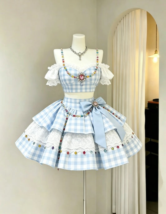 Playful Light Blue Gingham Off‑Shoulder Lace Ruffle Two‑Piece Gem Chain Beaded Bow A Line Short Homecoming Dress AS2248