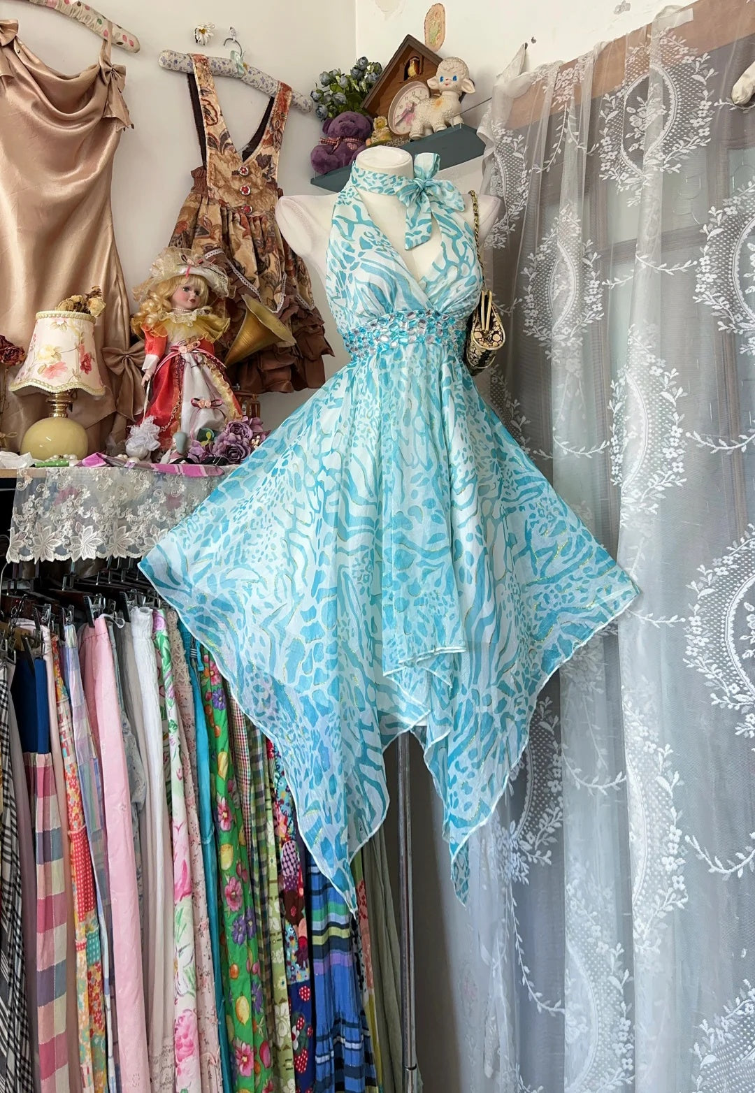 Breezy Turquoise Leopard Print Halter Tie V Neck Beaded Waist Handkerchief Hem A Line Chiffon Midi Homecoming Dress AS2348