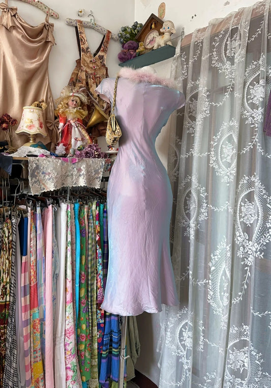 Dreamy Lavender Iridescent Satin Cap Sleeve Feather Round Collar Mermaid Midi Homecoming Dress AS2349