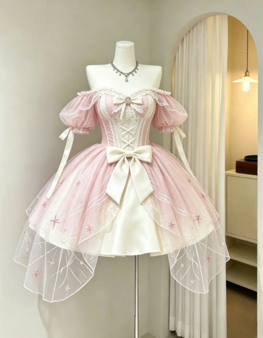 Romantic Pink Off‑Shoulder Short Puff Sleeve Corset Big Satin Bow Star Tulle A Line Short Homecoming Dress AS2249