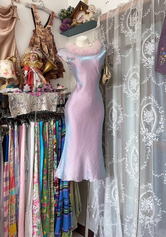 Dreamy Lavender Iridescent Satin Cap Sleeve Feather Round Collar Mermaid Midi Homecoming Dress AS2349