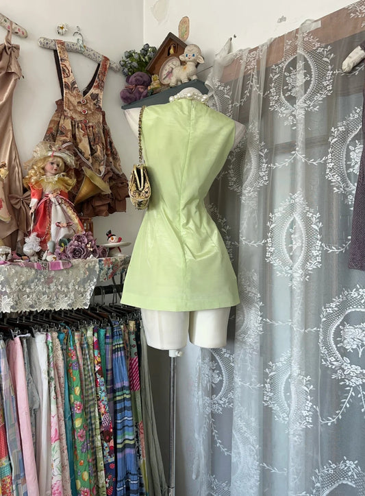 Fresh Lime Green Sleeveless Round High Neck Shiny Satin A‑Line Short Homecoming Dress AS2350