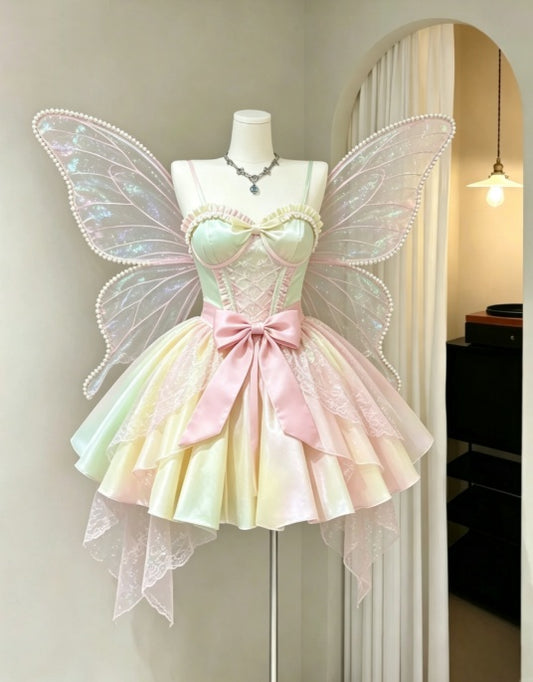 Whimsical Pastel Mint Pink Spaghetti Straps Lace Corset Large Satin Bow A Line Asymmetric Short Homecoming Dress AS2250