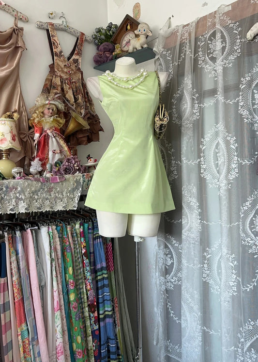 Fresh Lime Green Sleeveless Round High Neck Shiny Satin A‑Line Short Homecoming Dress AS2350