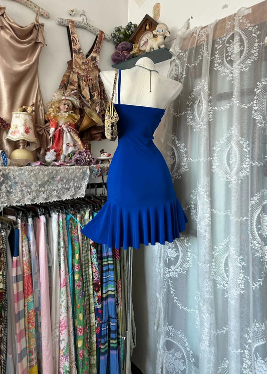 Dazzling Royal Blue One Shoulder Ruched Rhinestone Trim Ruffled Hem Mermaid Short Homecoming Dress AS2351