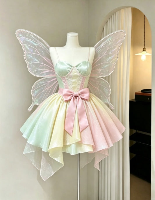 Ethereal Mint Green Pink Gradient Spaghetti Straps Sweetheart Corset Bow A Line Short Homecoming Dress AS2251