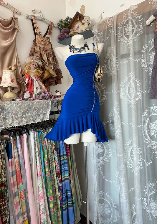 Dazzling Royal Blue One Shoulder Ruched Rhinestone Trim Ruffled Hem Mermaid Short Homecoming Dress AS2351