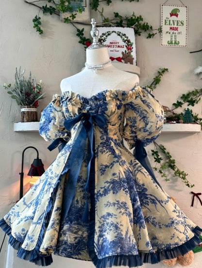 Elegant Blue Print Puff Short Sleeve Square Neck Ruffle Big Tulle Bow A Line Short Homecoming Dress AS2252