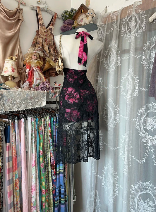 Alluring Black Pink Floral Halter Tie V‑Neck Lace Sheer High‑Low Bodycon Short Homecoming Dress AS2352