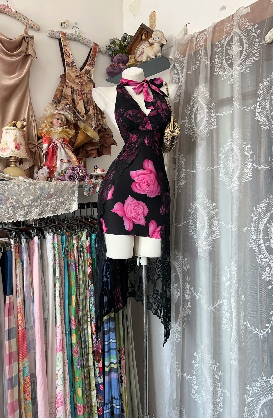 Alluring Black Pink Floral Halter Tie V‑Neck Lace Sheer High‑Low Bodycon Short Homecoming Dress AS2352