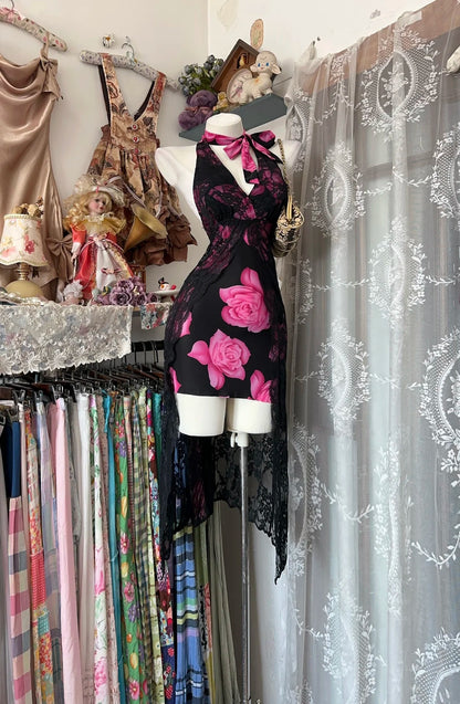 Alluring Black Pink Floral Halter Tie V‑Neck Lace Sheer High‑Low Bodycon Short Homecoming Dress AS2352