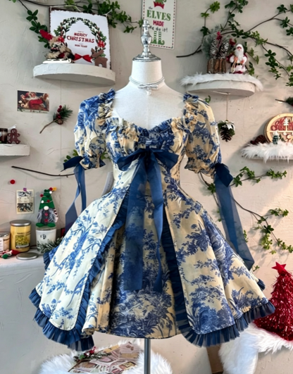 Elegant Blue Print Puff Short Sleeve Square Neck Ruffle Big Tulle Bow A Line Short Homecoming Dress AS2252