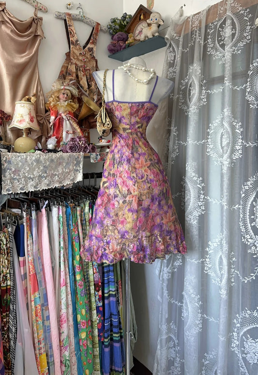 Whimsical Multicolor Watercolor Floral Spaghetti Strap Ruffled Hem Bodycon Short Homecoming Dress AS2353