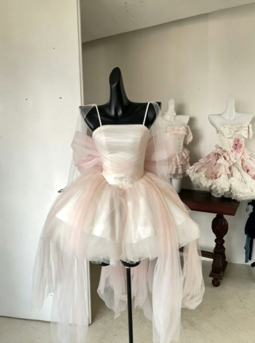 Delicate Light Pink Spaghetti Straps Tulle Ruched Bodice Oversized Back Bow Layered Tulle A Line Short Homecoming Dress AS2253