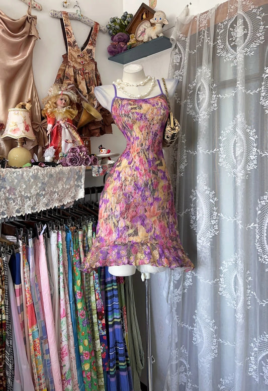 Whimsical Multicolor Watercolor Floral Spaghetti Strap Ruffled Hem Bodycon Short Homecoming Dress AS2353