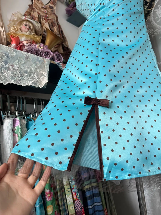 Playful Turquoise Polka‑Dot Strapless Slit Bow A‑Line Midi Homecoming Dress AS2354