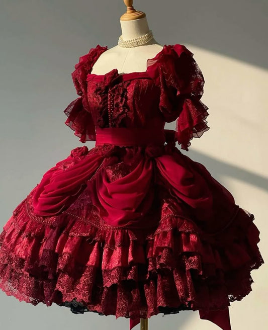 Luxurious Burgundy Square Neck Puff Short Sleeve Ruffled Lace Draped Floral Tiered A Line Short Homecoming Dress With Big Bow AS2254