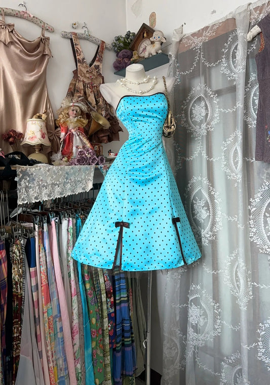 Playful Turquoise Polka‑Dot Strapless Slit Bow A‑Line Midi Homecoming Dress AS2354