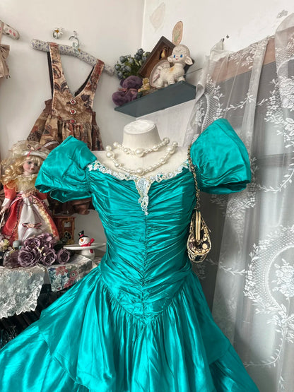 Opulent Teal Square Neck Puffed Short Sleeve Lace Trim Ruched Bodice Tiered Skirt A Line Short Homecoming Dress AS2355