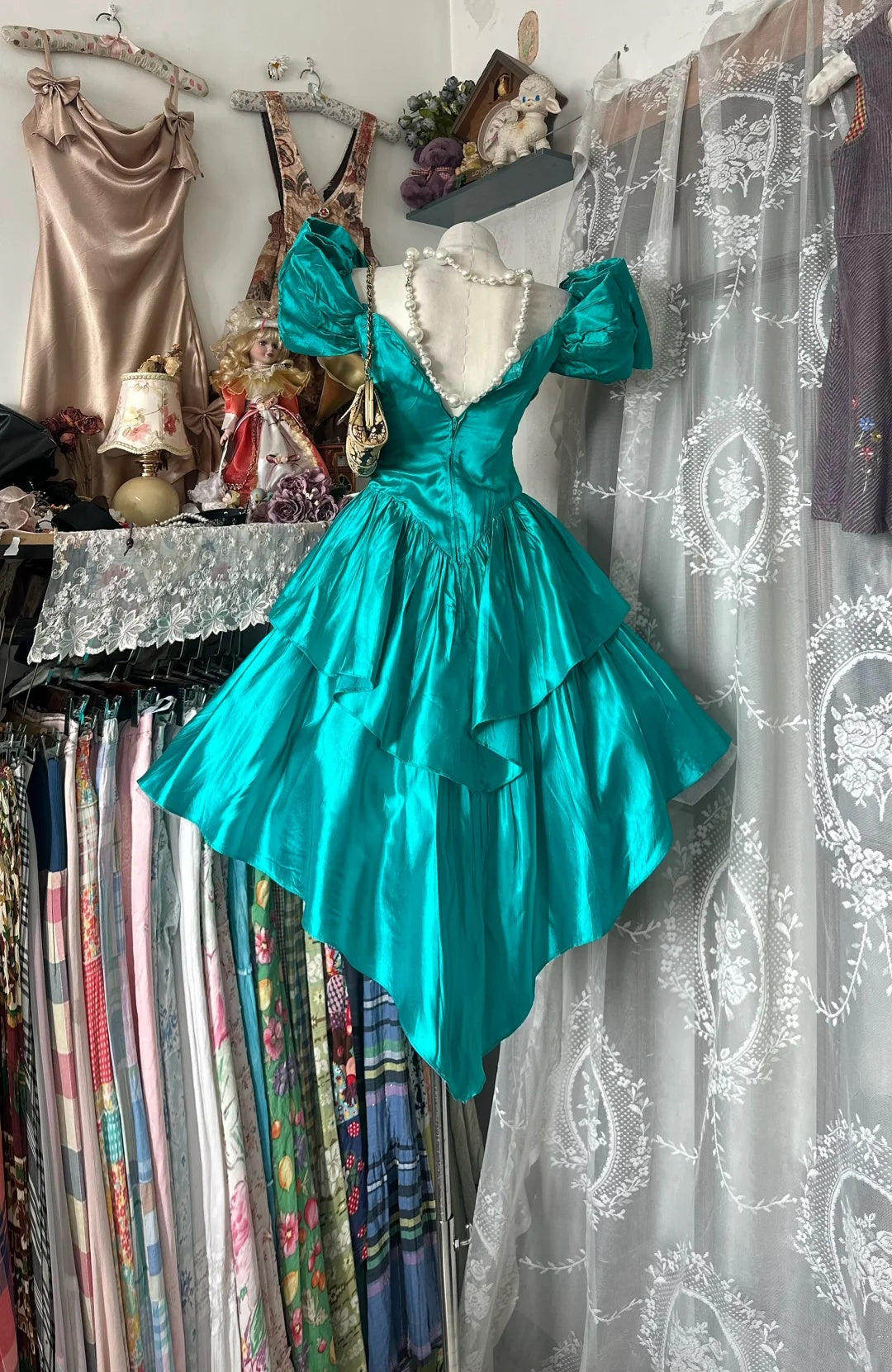 Opulent Teal Square Neck Puffed Short Sleeve Lace Trim Ruched Bodice Tiered Skirt A Line Short Homecoming Dress AS2355