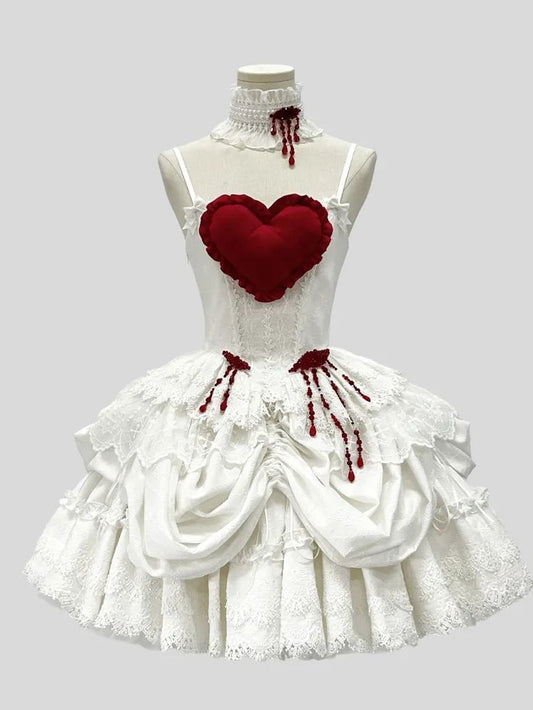 Dramatic White Spaghetti Straps Bow Lace Corset 3D Red Heart Waist Drip Bead Detail Layered Ruffle A Line Short Homecoming Dress AS2255