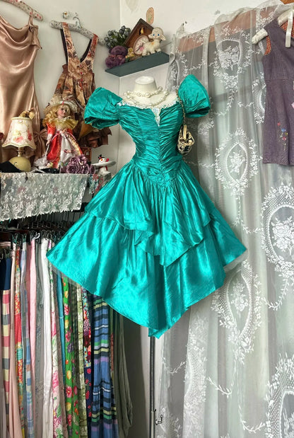Opulent Teal Square Neck Puffed Short Sleeve Lace Trim Ruched Bodice Tiered Skirt A Line Short Homecoming Dress AS2355