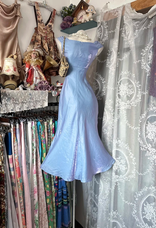 Shimmery Lavender‑Blue Satin Sweetheart Twist Front Wide Strap Midi Mermaid Homecoming Dress AS2356