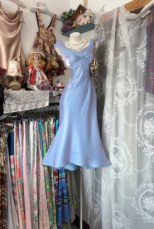 Shimmery Lavender‑Blue Satin Sweetheart Twist Front Wide Strap Midi Mermaid Homecoming Dress AS2356
