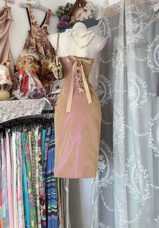 Iridescent Dusty Rose Gold Strapless Wrap Ruched Bodice Back Lace Up Midi Bodycon Homecoming Dress AS2358