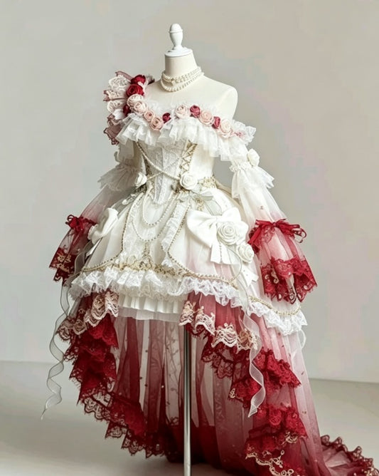 Regal Ivory Burgundy Ombre One‑Shoulder Long Sleeves 3D Rose Floral Pearl Chain Corset Bow Lace Hem High‑Low Chapel Train Short Homecoming Dress AS2258
