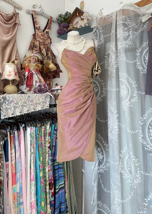 Iridescent Dusty Rose Gold Strapless Wrap Ruched Bodice Back Lace Up Midi Bodycon Homecoming Dress AS2358