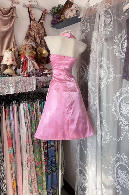 Lovely Shiny Pink Satin Halter Ruched Sequin Beaded Mermaid Midi Homecoming Dress AS2359