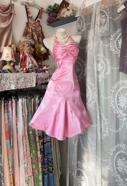 Lovely Shiny Pink Satin Halter Ruched Sequin Beaded Mermaid Midi Homecoming Dress AS2359