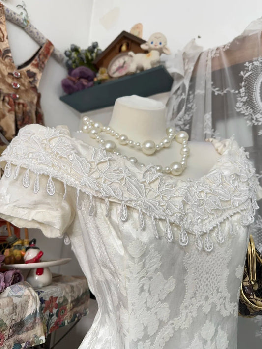 Vintage Ivory Lace Off‑The‑Shoulder Fringe Trim Short Sleeve Sheath Midi Homecoming Dress AS2360